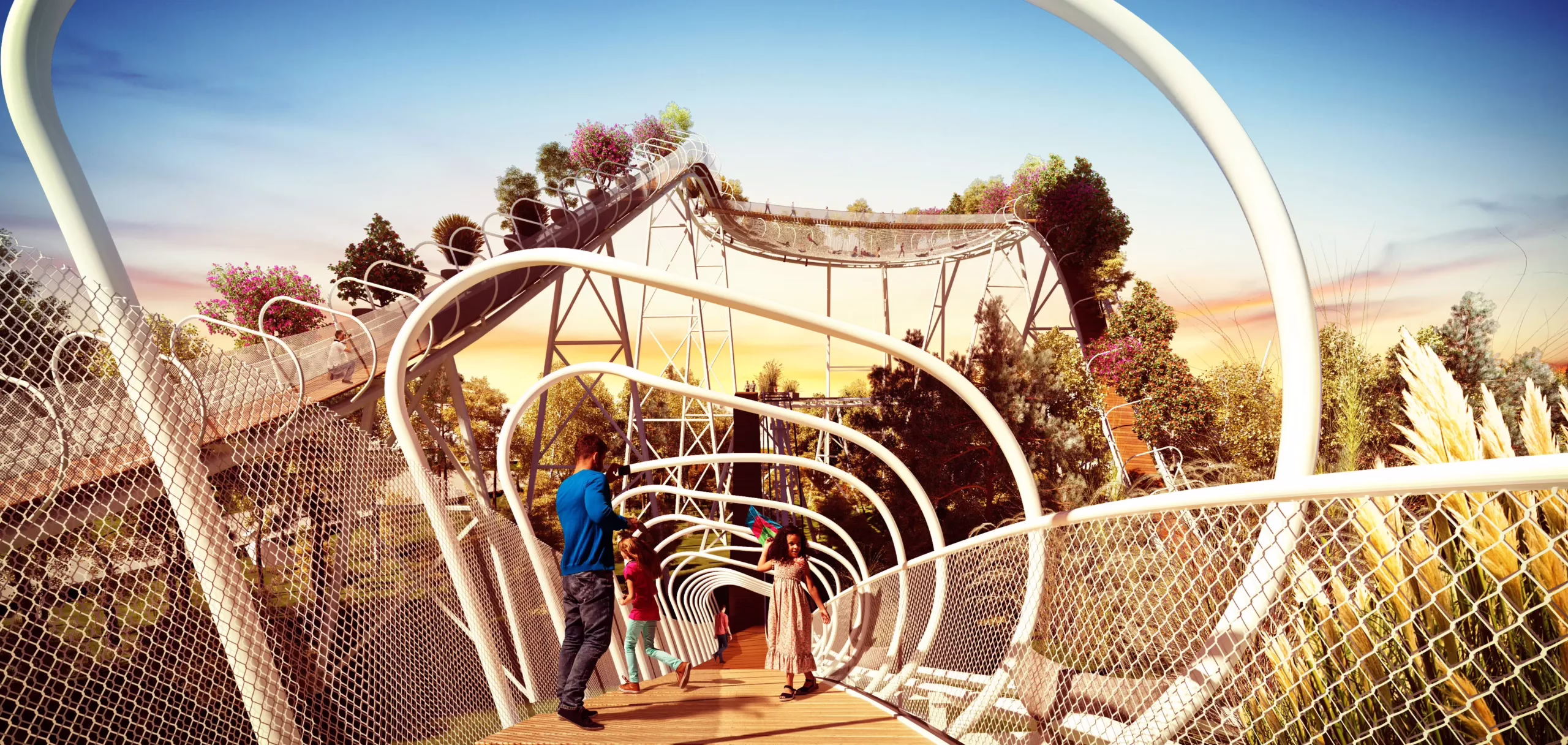 Arquitectura y Paisaje: paseo elevado por el canopy del bosque sobre la antigua montaña rusa, Parque de la Ciudad