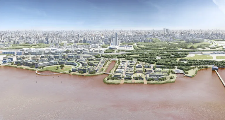 Architecture and Landscape: daytime aerial rendering of the urban masterplan