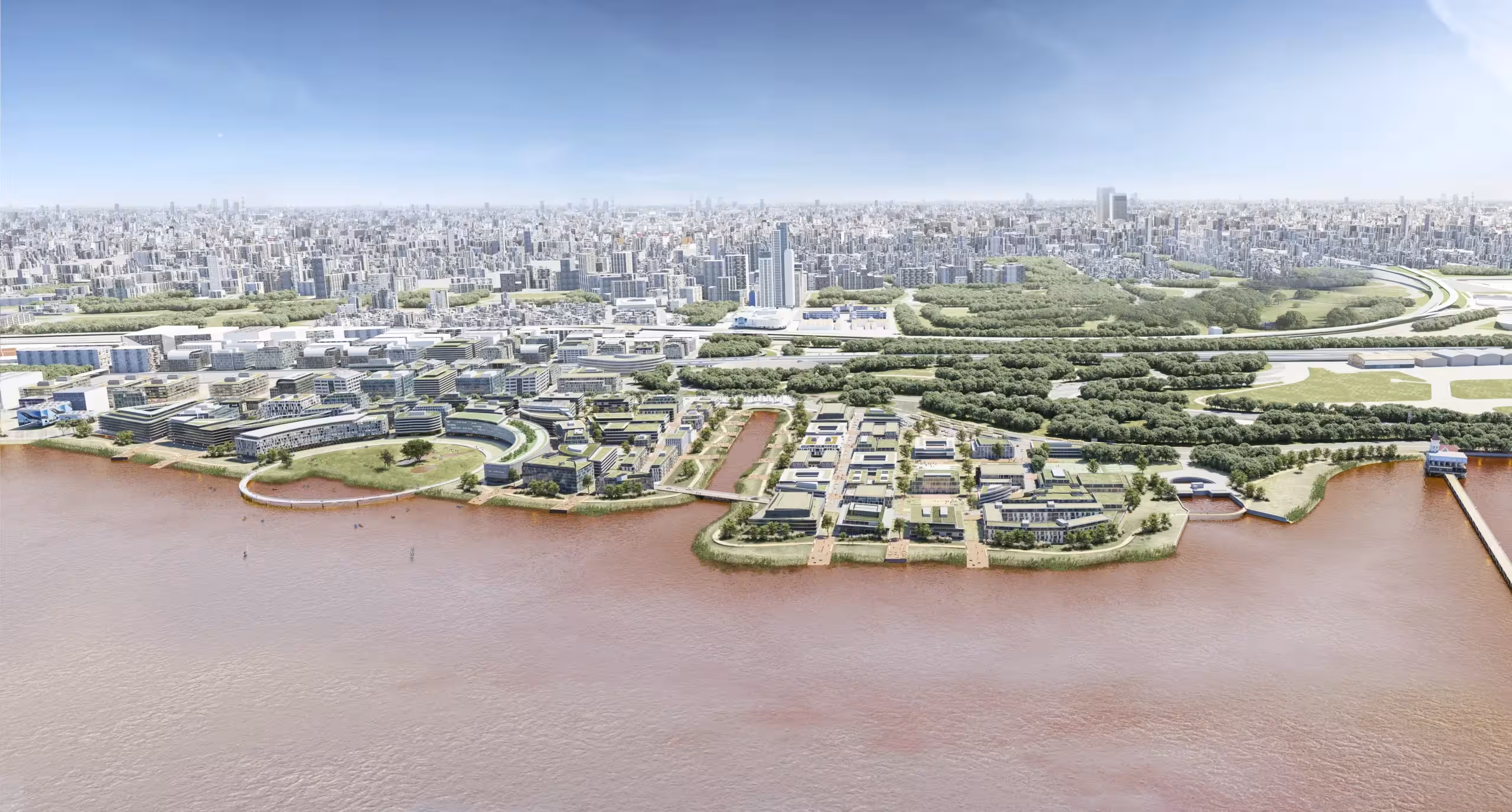 Arquitectura y Paisaje: render aéreo diurno del masterplan urbano
