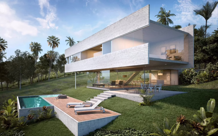 Arquitectura: Vista desde el jardín, pileta (piscina) y deck, casa moderna parece flotar en el paisaje, dos vigas de hormigón visto y grandes ventanales